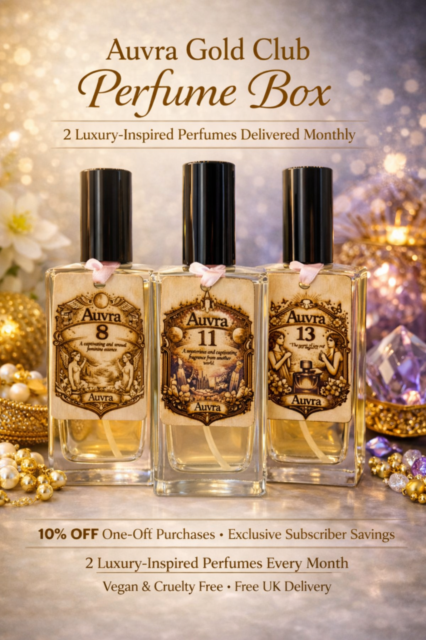 Auvra Gold Club Perfume Box featuring three luxury-inspired perfumes and subscriber perks